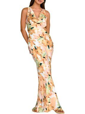 Women's Orangish Floral Cowl Neck Summer Backless Sleeveless Elegant Maxi Dress